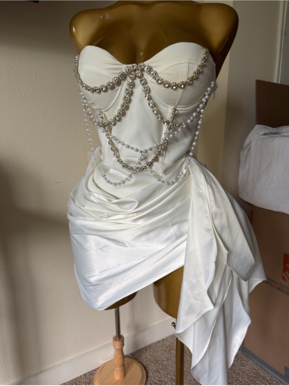 Strapless White Mini Dress with Pearl & Crystal Chain Detail